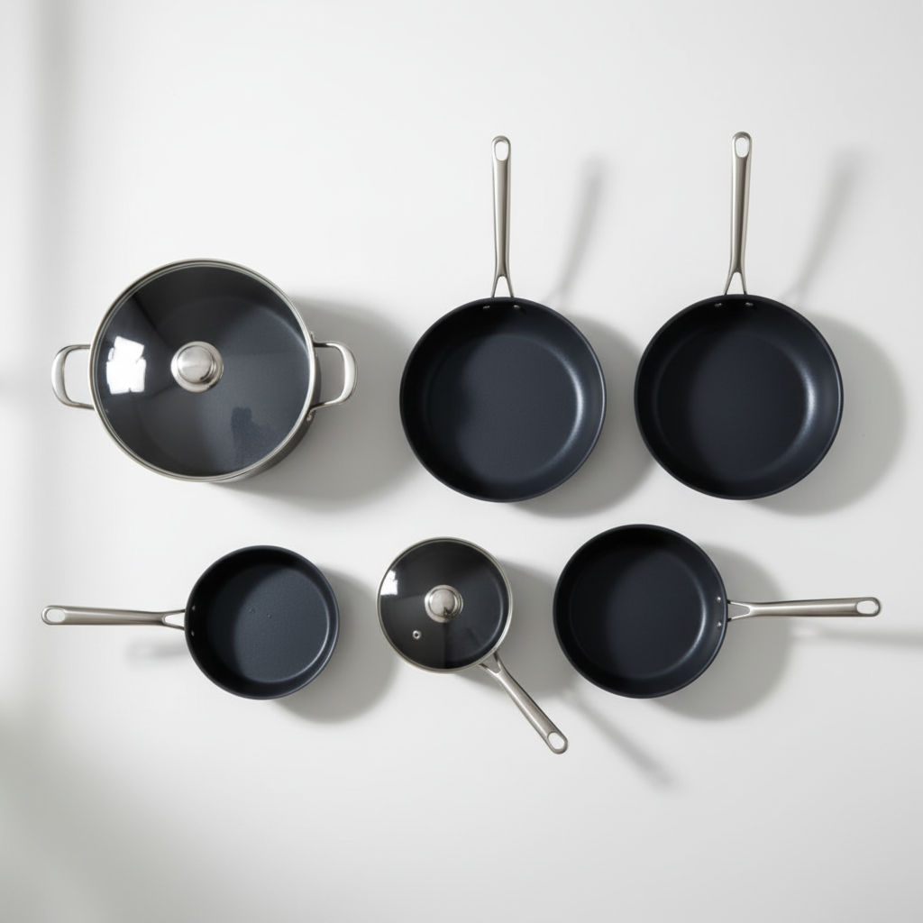 Flat lay of non-stick frying pans, saucepans and casserole pot arranged on a white background, top-down view