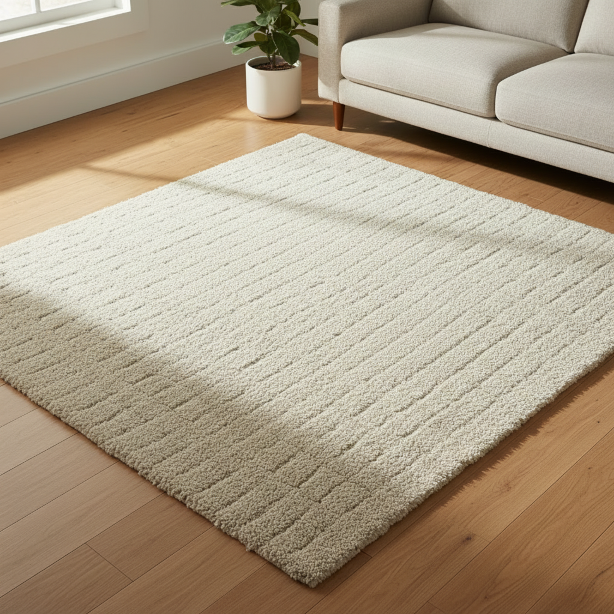 Cream ribbed rectangular rug on a wooden floor in a bright living room with a sofa and indoor plant in the background