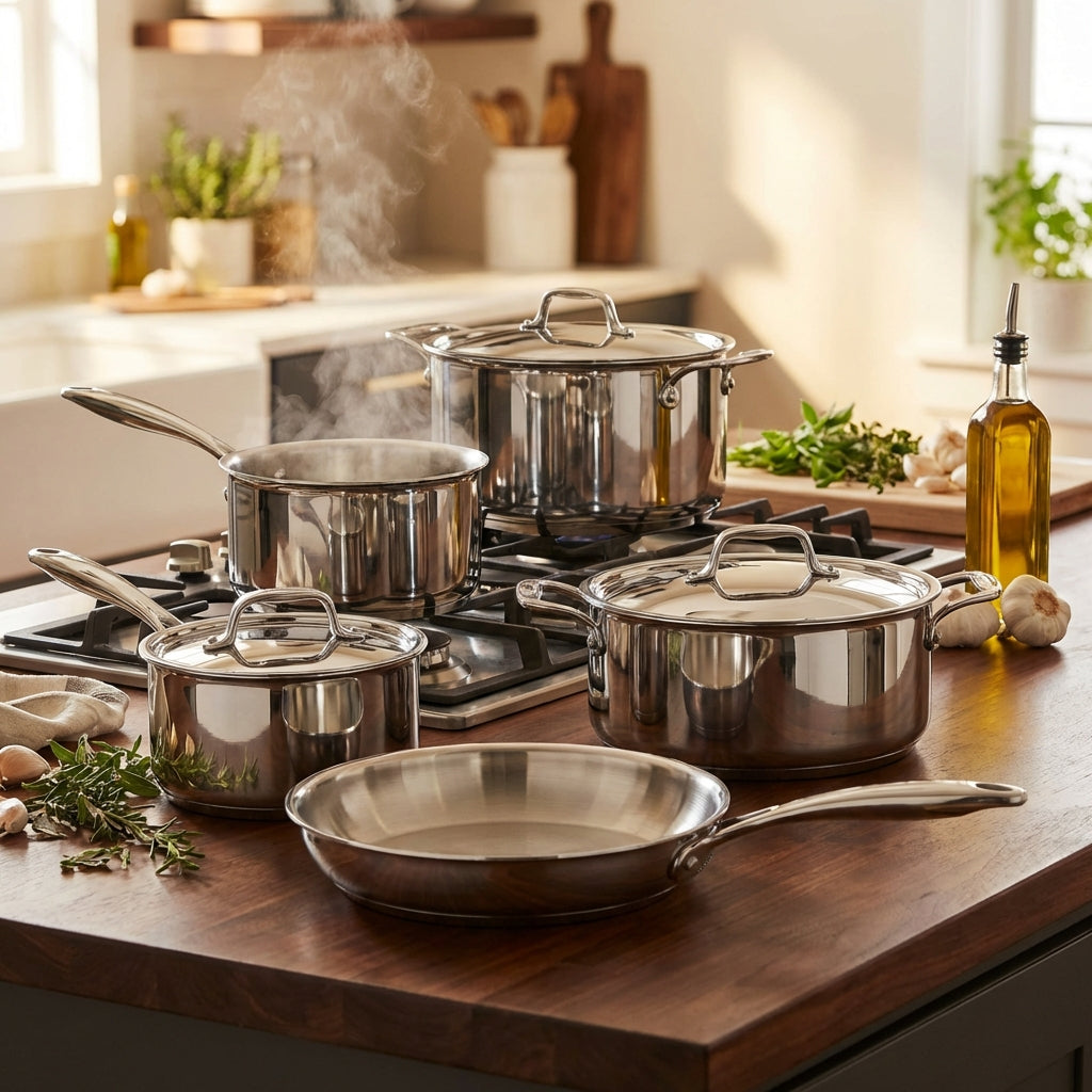 Stainless steel cookware pots and pans including saucepans, stockpot and frying pan on a kitchen countertop