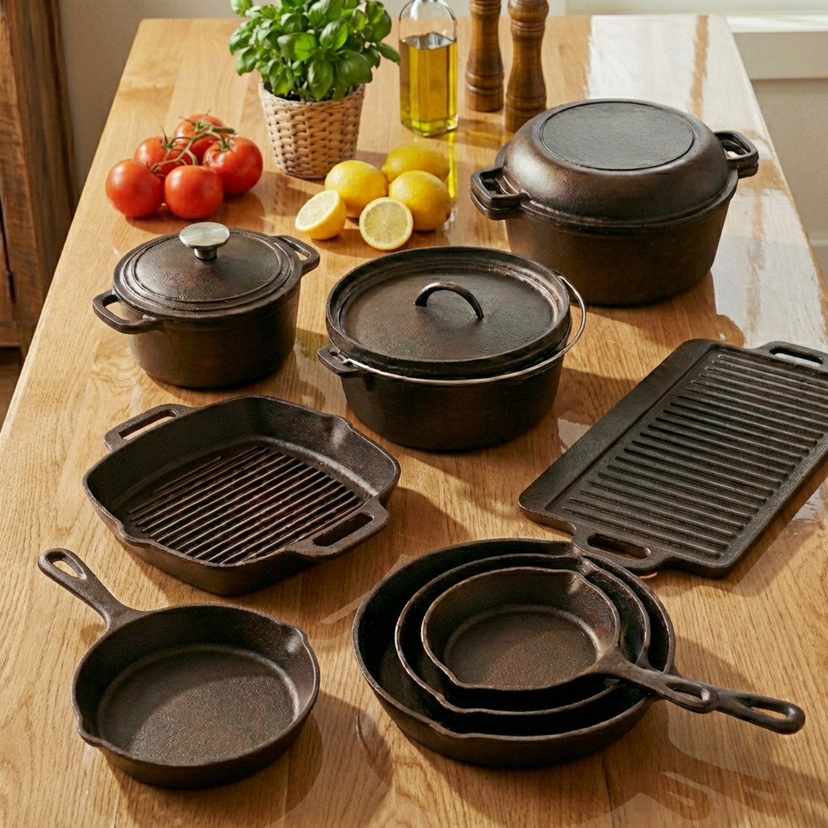 Cast iron Set including frying pans, grill pan, casserole pots, and griddle plates displayed on a wooden kitchen table.