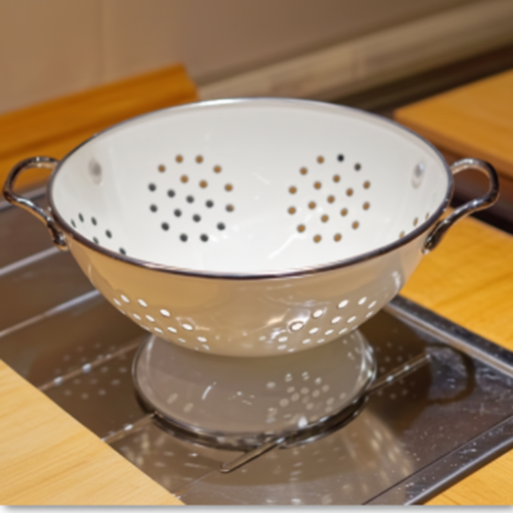 White enamel colander with handles and pedestal base