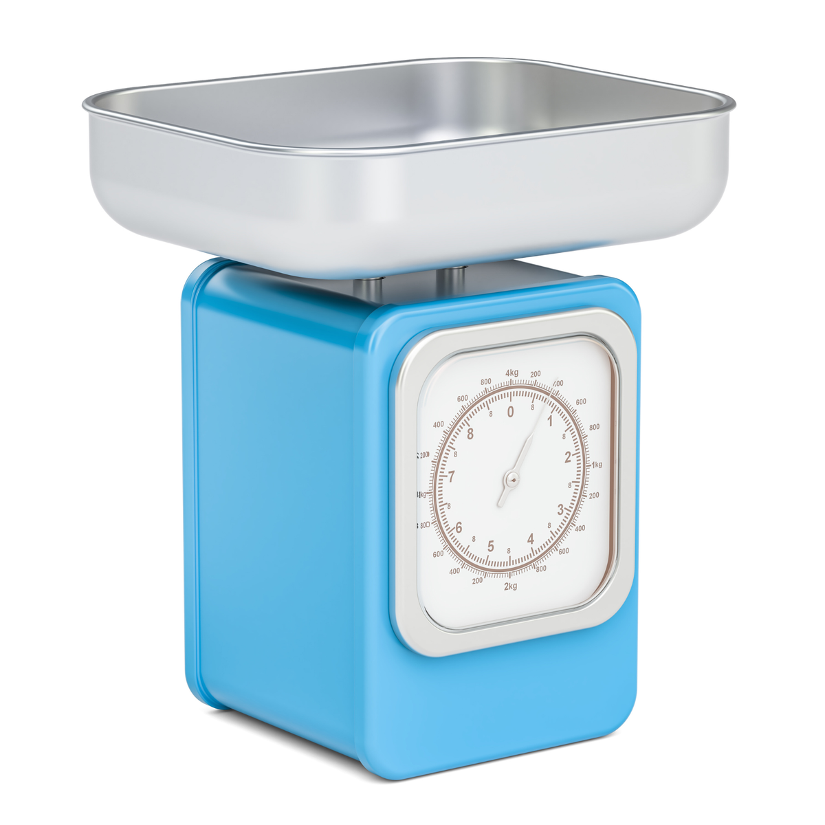 Retro blue kitchen scale with stainless steel bowl and analogue dial for accurate food weighing