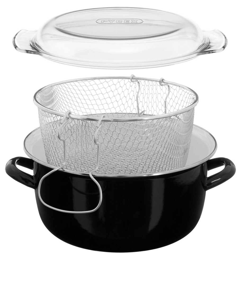Black Deep Fryer with Wire Basket and Glass Lid
