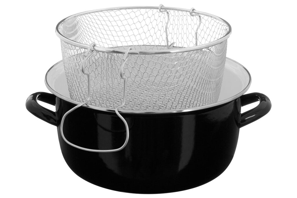 Black Deep Fryer with Wire Basket and Glass Lid