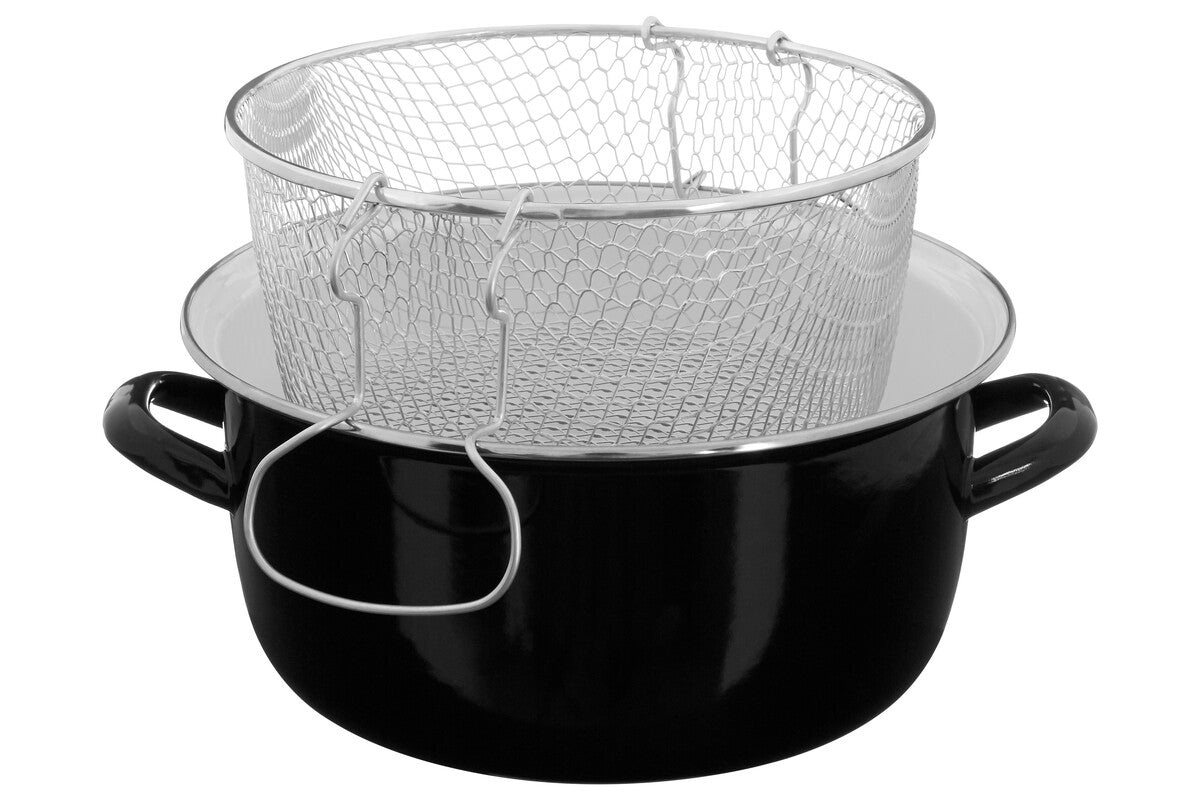 Black Deep Fryer with Wire Basket and Glass Lid