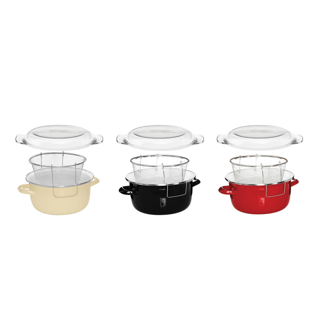 Black Deep Fryer with Wire Basket and Glass Lid