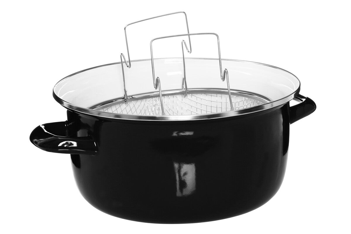 Black Deep Fryer with Wire Basket and Glass Lid