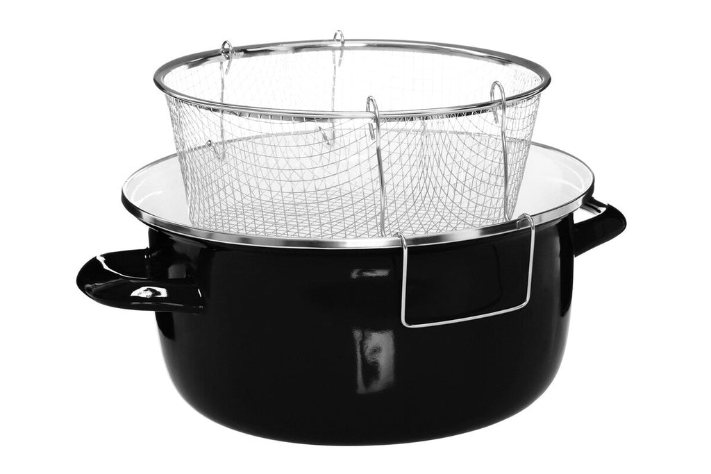 Black Deep Fryer with Wire Basket and Glass Lid