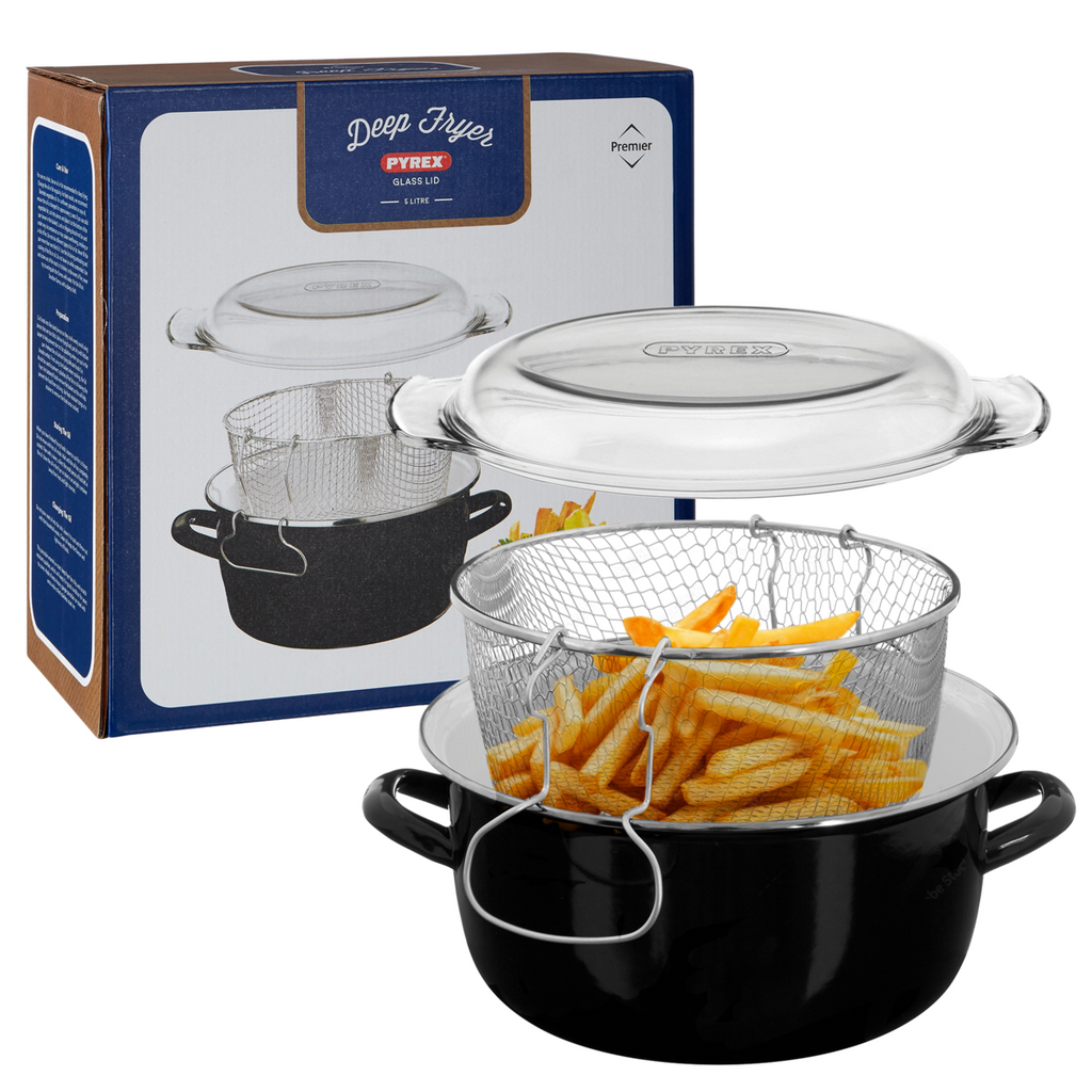 Black Deep Fryer with Wire Basket and Glass Lid