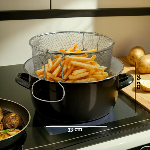 Black Deep Fryer with Wire Basket and Glass Lid