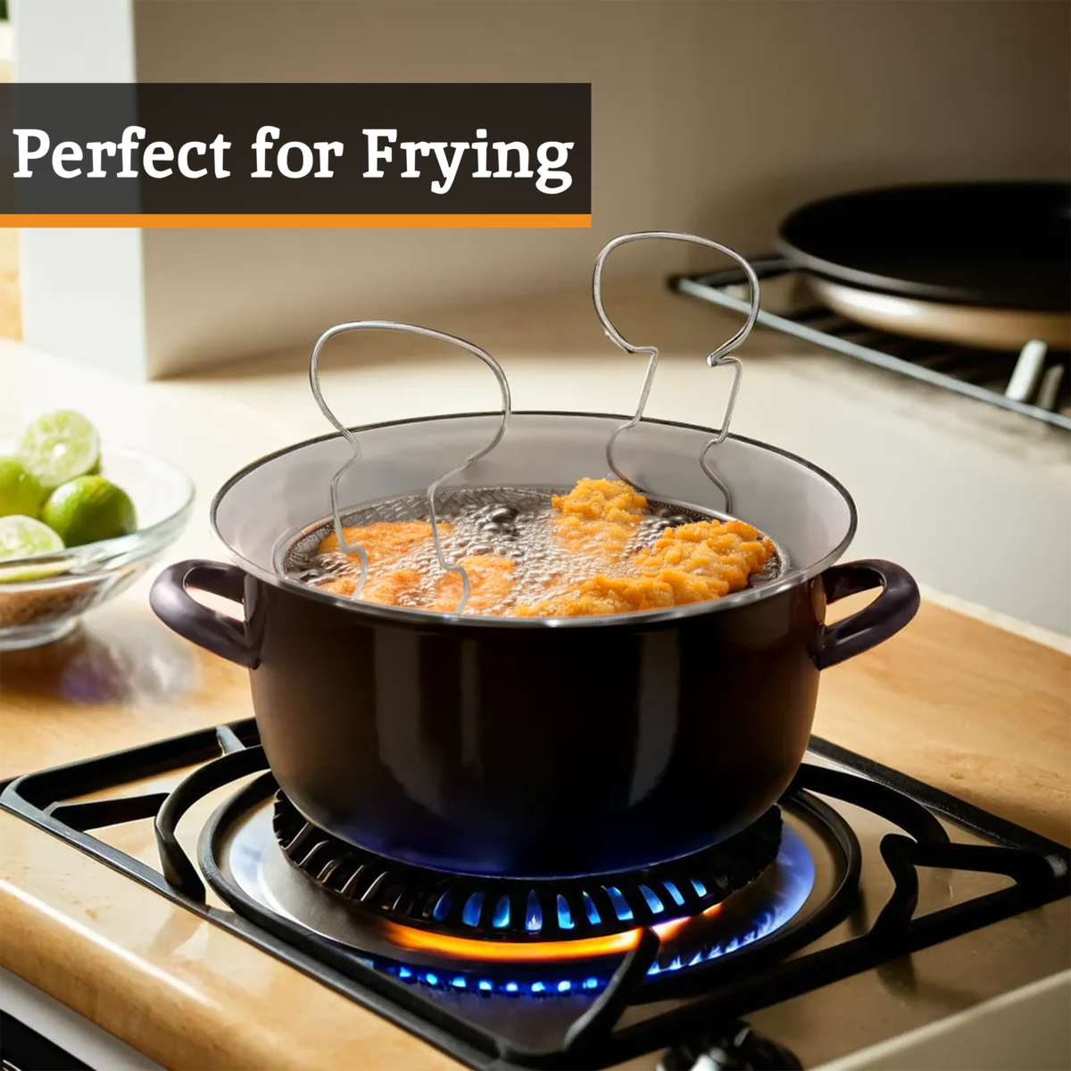 Black Deep Fryer with Wire Basket and Glass Lid