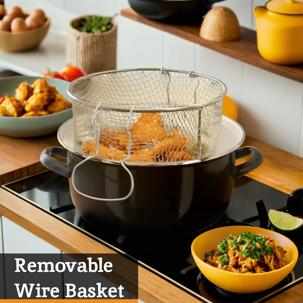 Black Deep Fryer with Wire Basket and Glass Lid