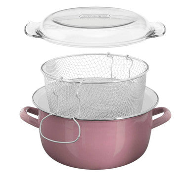 Pink Deep Fryer with Wire Basket and Glass Lid