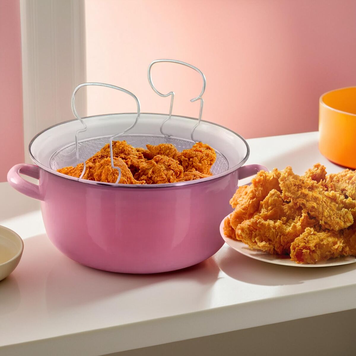 Pink Deep Fryer with Wire Basket and Glass Lid