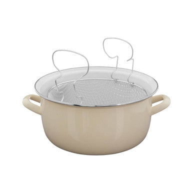 Cream Deep Fryer with Wire Basket and Glass Lid