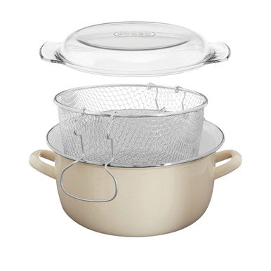 Cream Deep Fryer with Wire Basket and Glass Lid