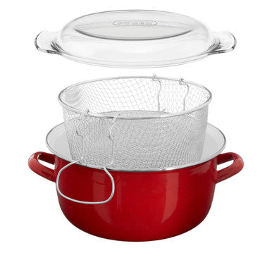 Red Deep Fryer with Wire Basket and Glass Lid