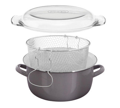 Cool Grey Deep Fryer with Wire Basket and Glass Lid