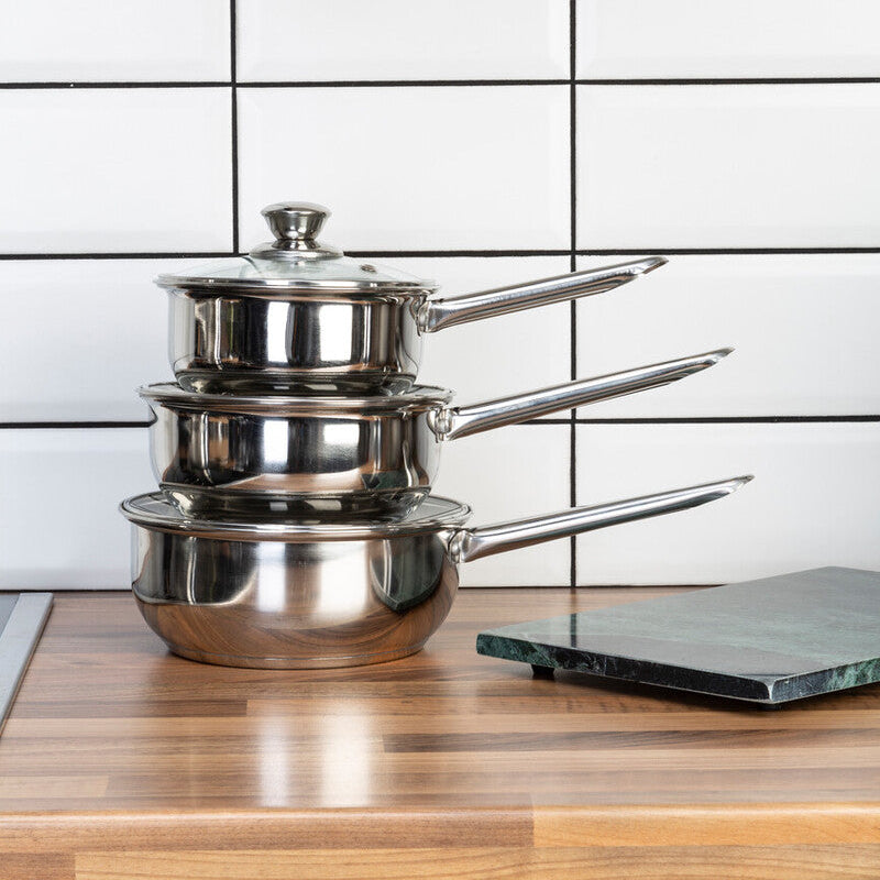 Set of 3 Stainless Steel Saucepans with Glass Lids