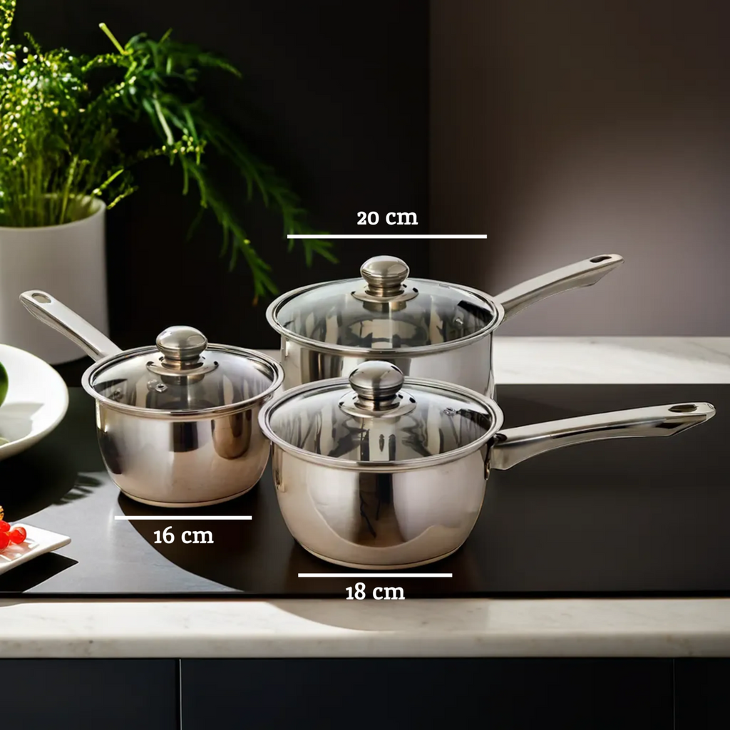 Set of 3 Stainless Steel Saucepans with Glass Lids