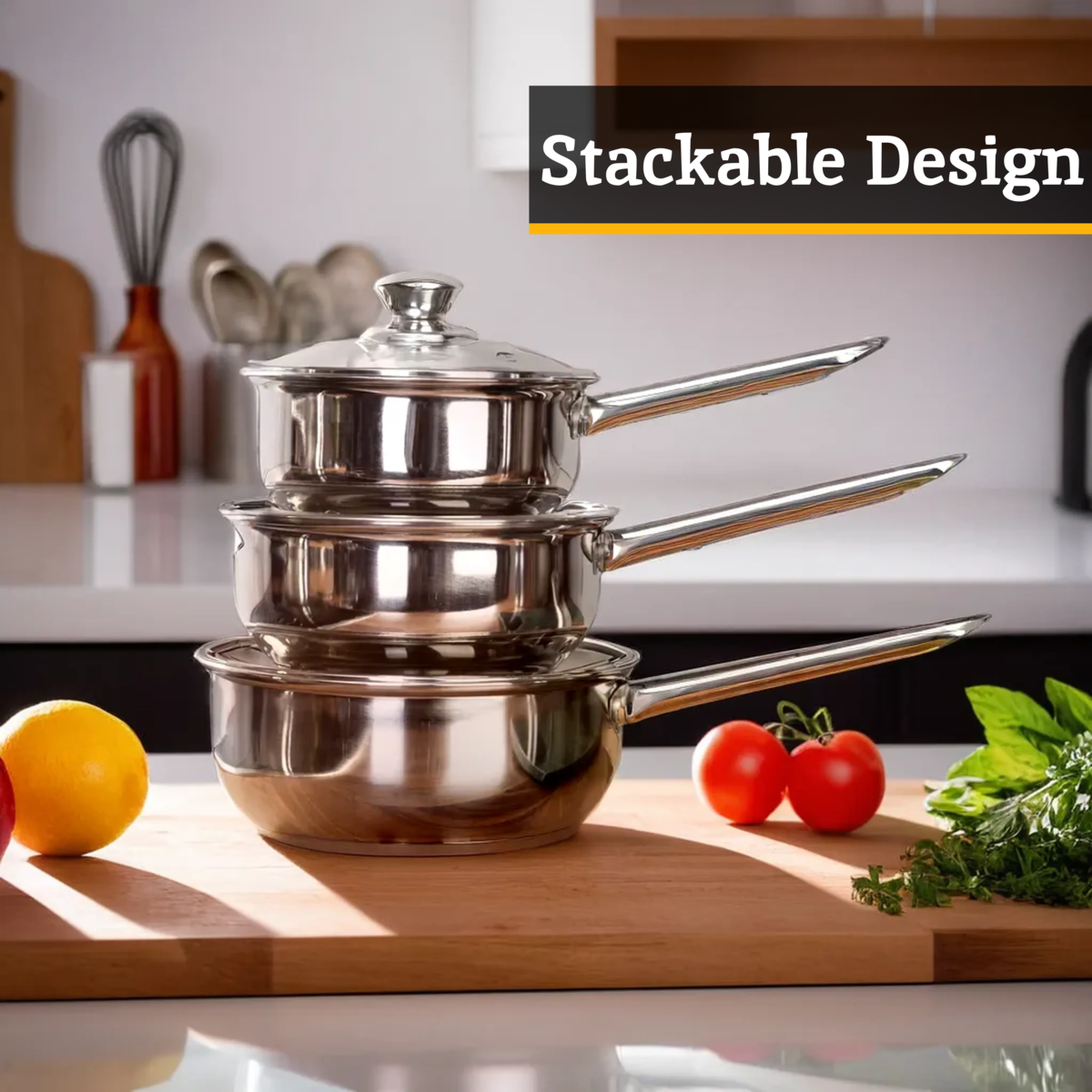 Set of 3 Stainless Steel Saucepans with Glass Lids