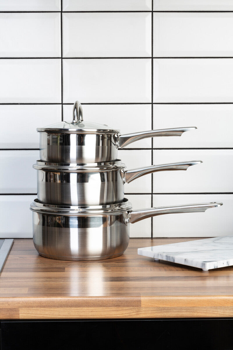 Set of 3 Stainless Steel Saucepans with Lids