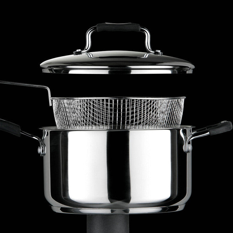 22cm Stainless Steel Chip Pan with Glass Lid and Wire Basket