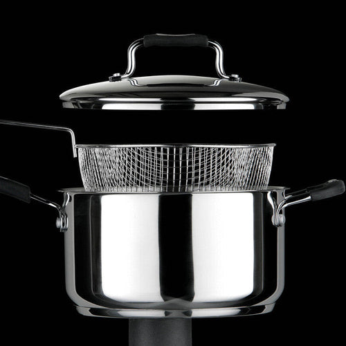 22cm Stainless Steel Chip Pan with Glass Lid and Wire Basket