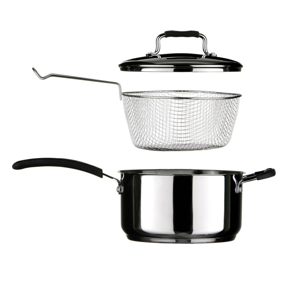 22cm Stainless Steel Chip Pan with Glass Lid and Wire Basket