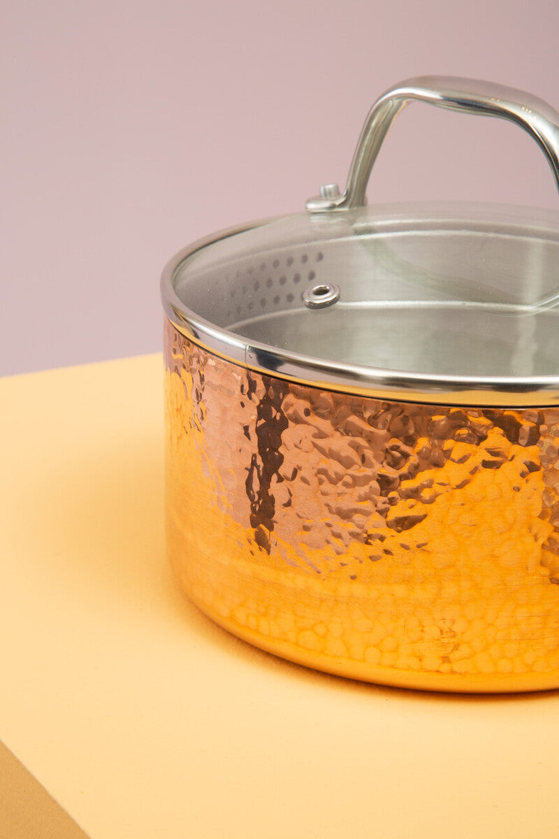 Small 16 cm Hammered Copper Finish Saucepan with Lid