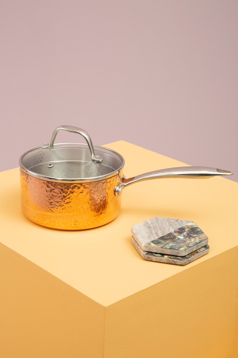Small 16 cm Hammered Copper Finish Saucepan with Lid