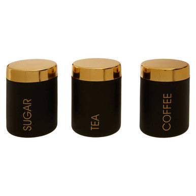 Set Of 3 Black Enamel Tea Coffee And Sugar Canisters