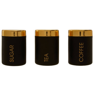 Set Of 3 Black Enamel Tea Coffee And Sugar Canisters