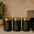 Set Of 3 Black Enamel Tea Coffee And Sugar Canisters