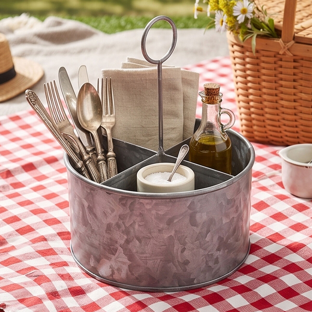Galvanised Steel 4 Compartment Round Cutlery Caddy