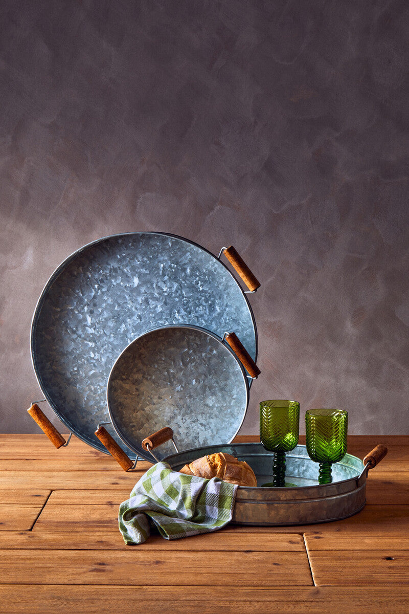 Round Galvanised Steel Tray with Wood Handles