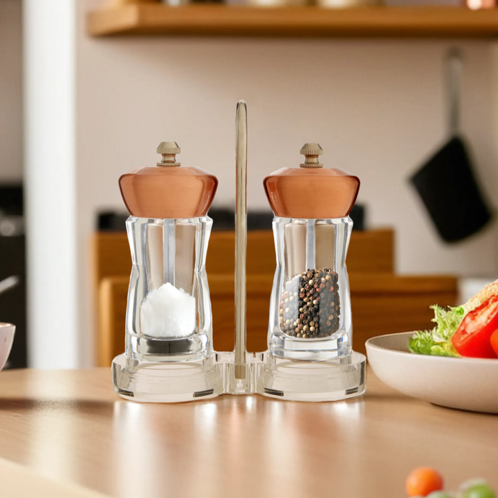 Copper Salt and Pepper Mill Set on Stand