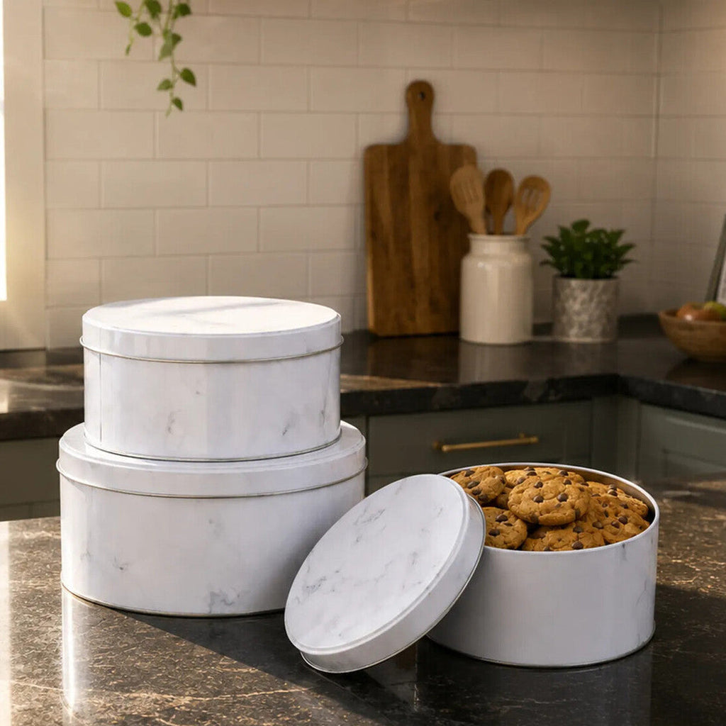 Set Of Three White Marble Effect Storage Tins