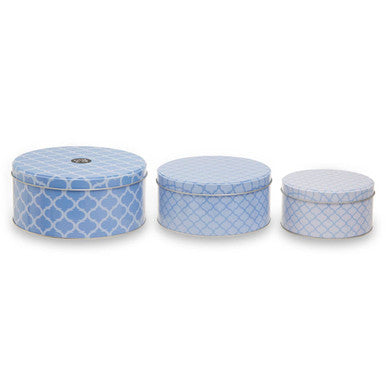 Set of Three Blue and White Storage Tins