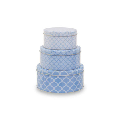 Set of Three Blue and White Storage Tins