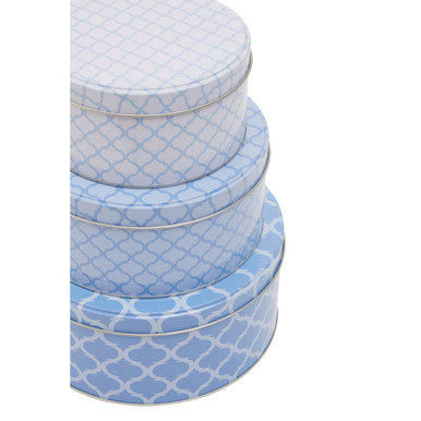 Set of Three Blue and White Storage Tins