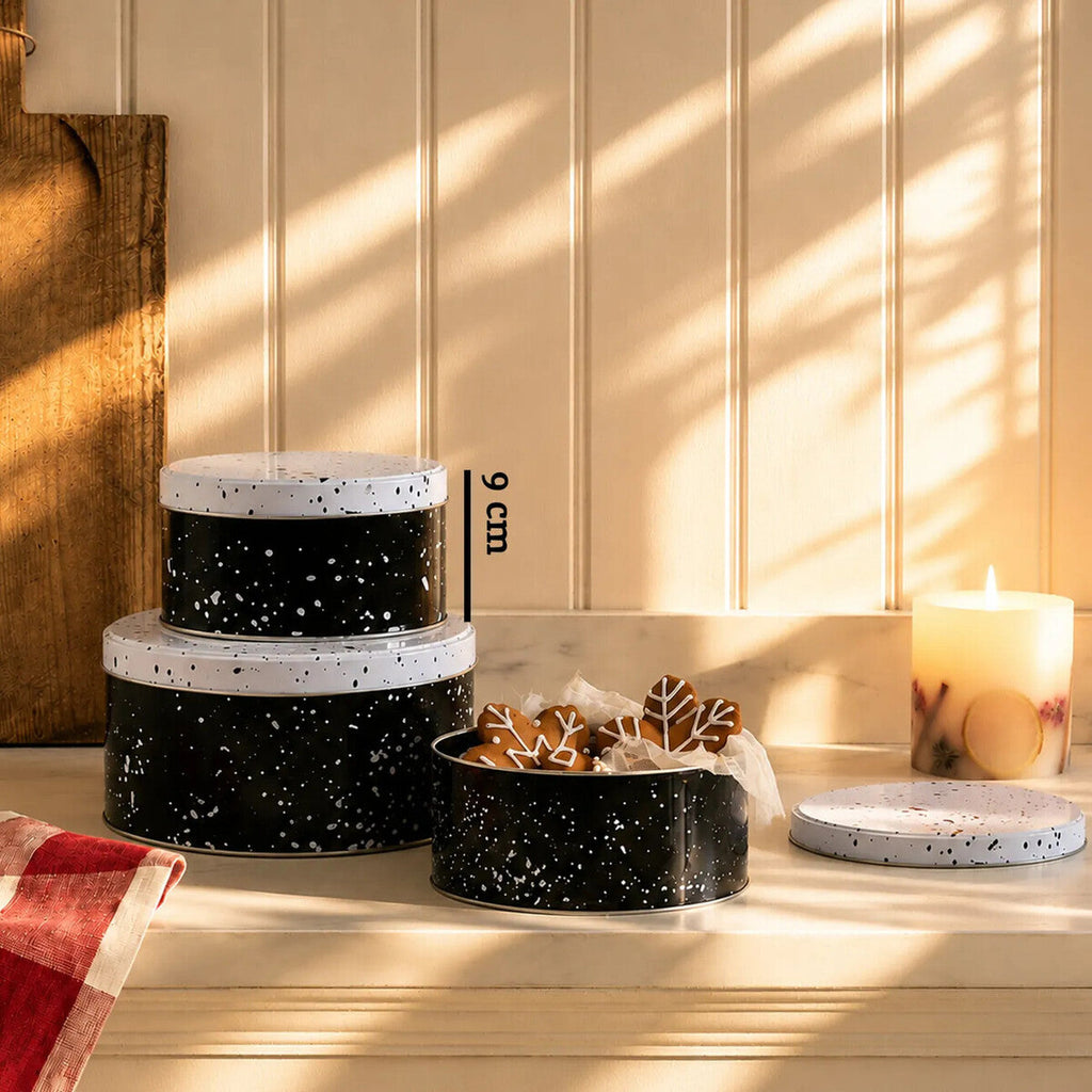 Set of Three Black and White Storage Tins