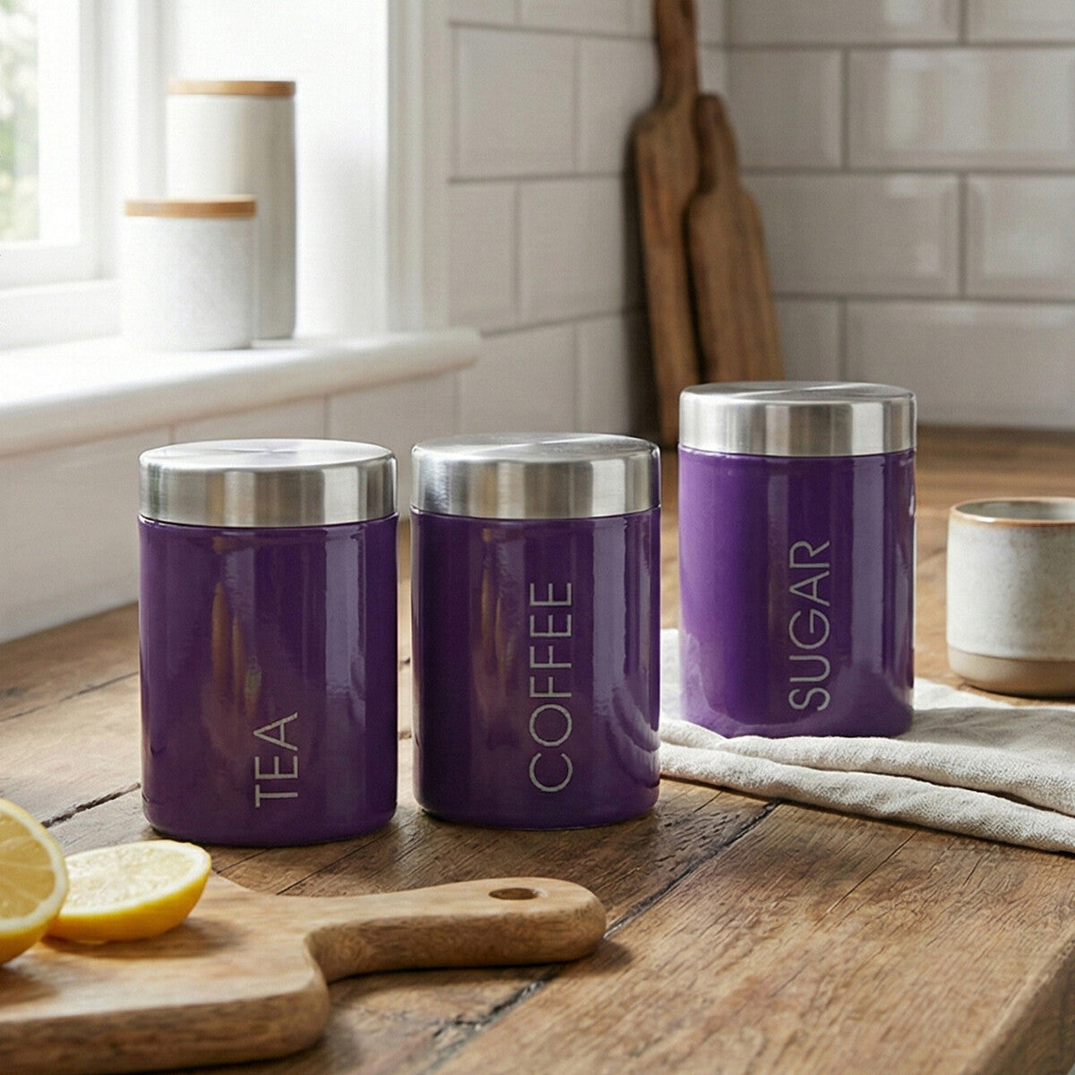 Purple Enamel Tea Coffee and Sugar Set
