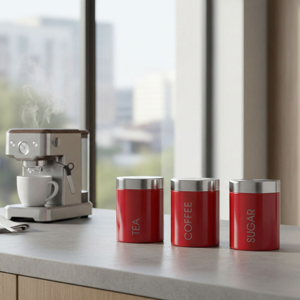 Red Enamel Tea Coffee and Sugar Set