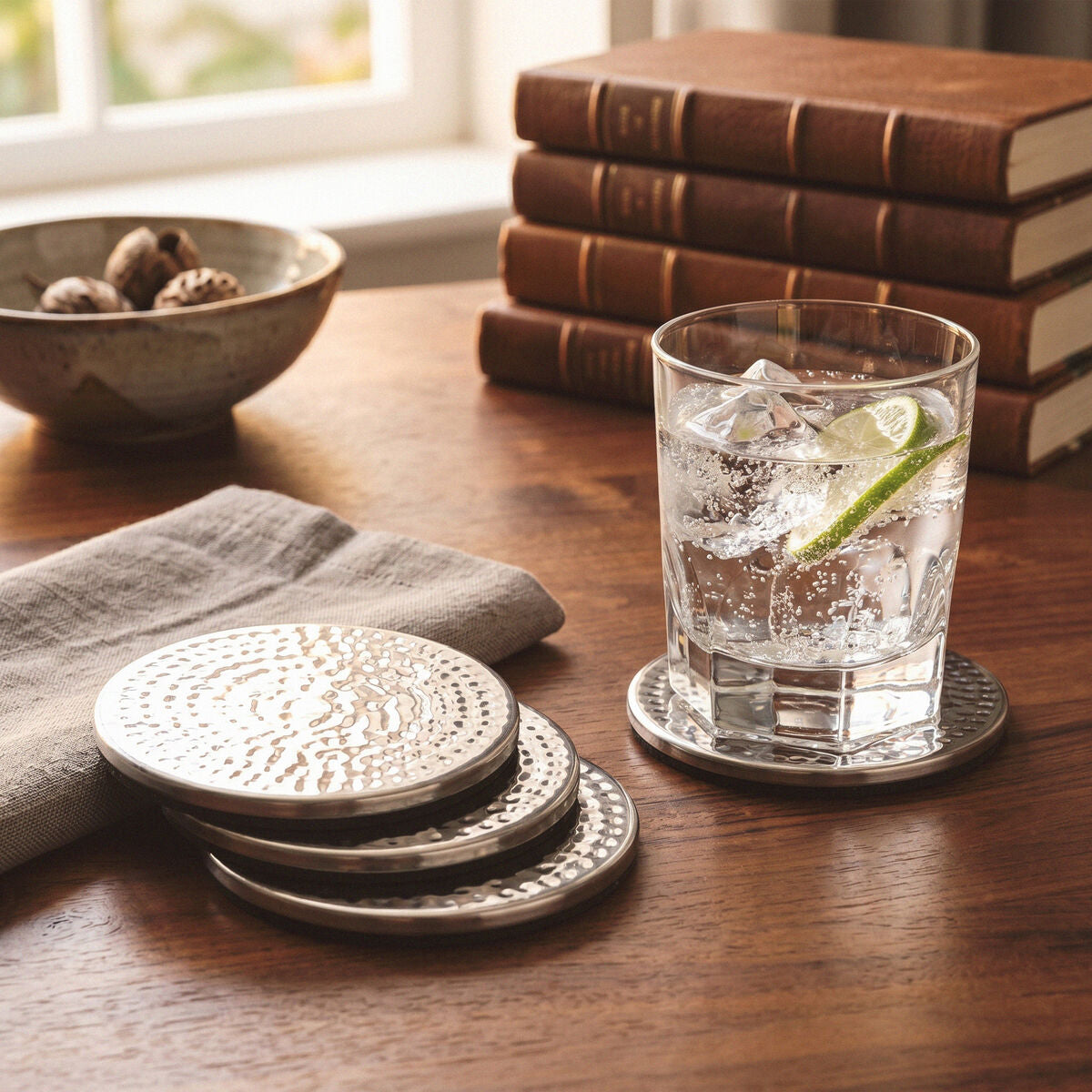 Set of 4 Hammered Effect Stainless Steel Coasters