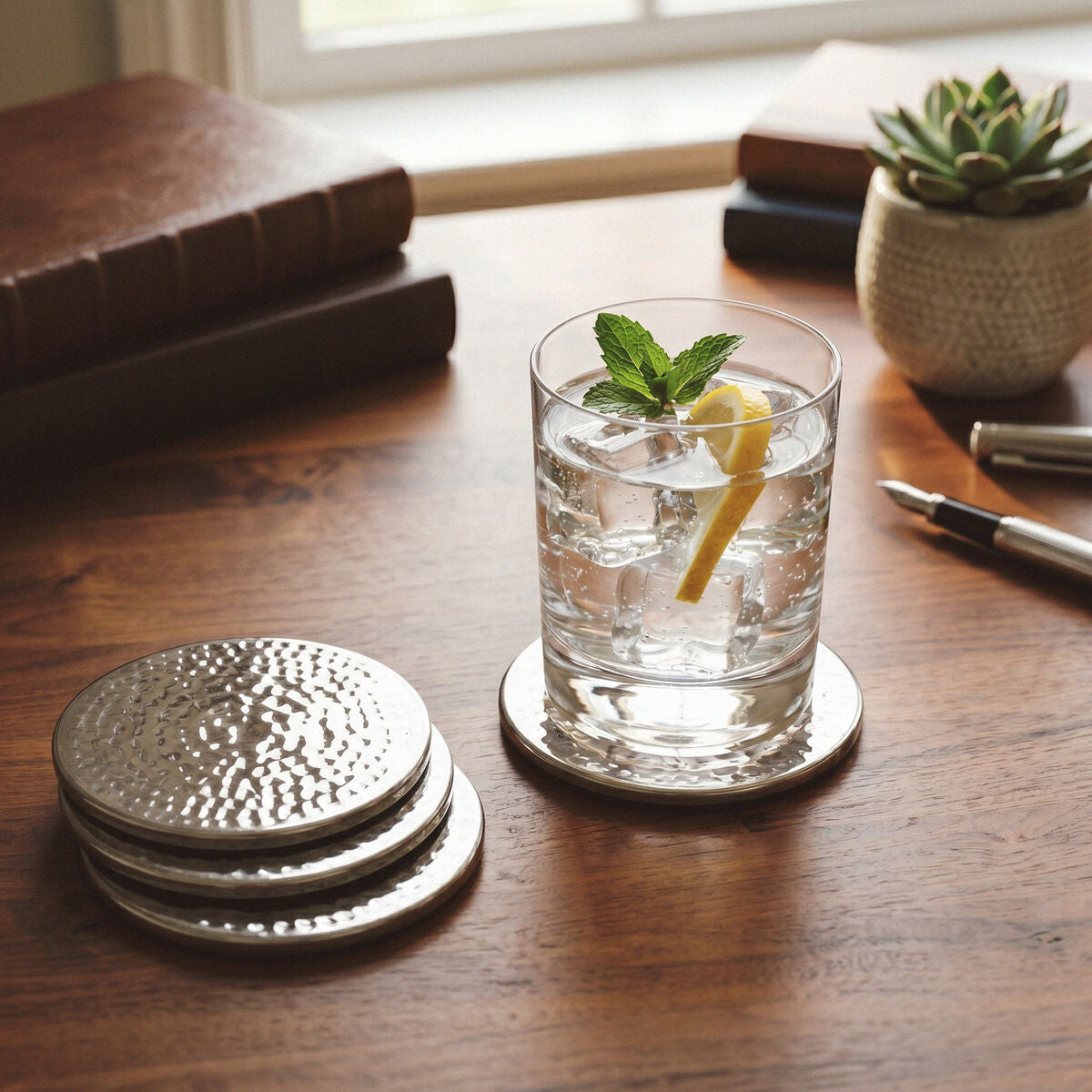 Set of 4 Hammered Effect Stainless Steel Coasters