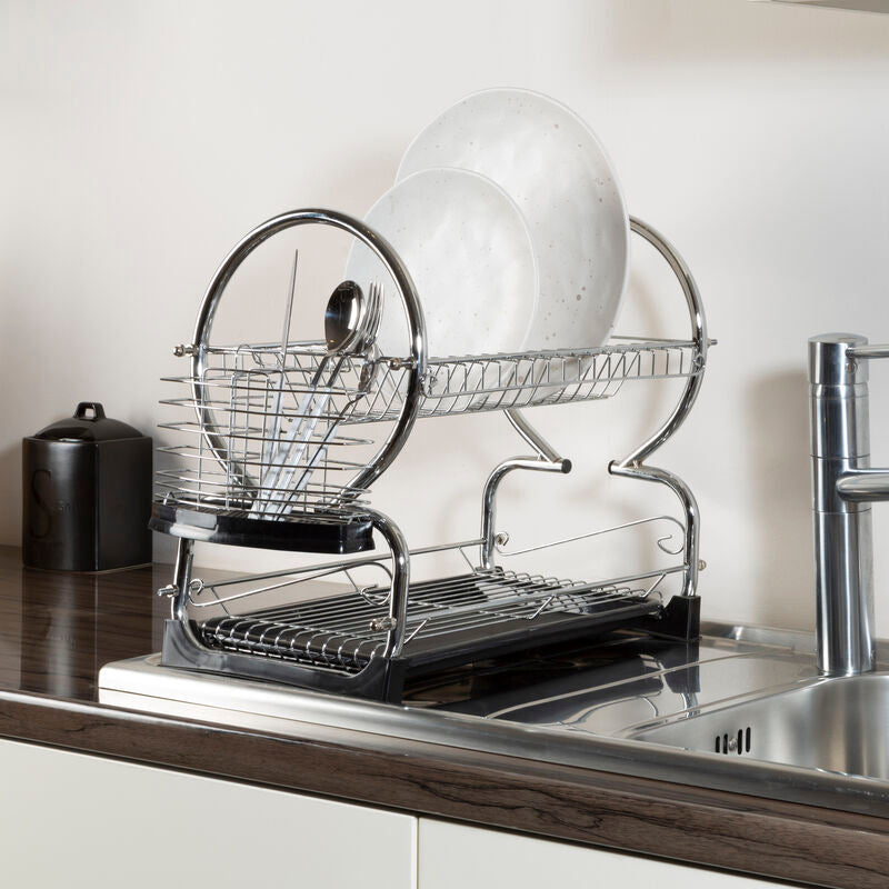 2 Tier Dish Drainer with Black Plastic Tray