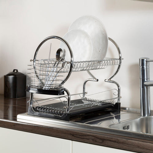 2 Tier Dish Drainer with Black Plastic Tray