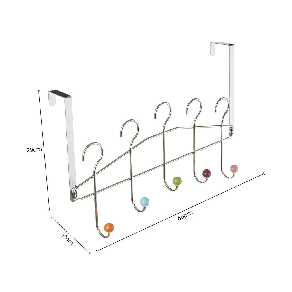 Chrome 5 Hook Over Door Hanger with Multi Coloured Ceramic Balls