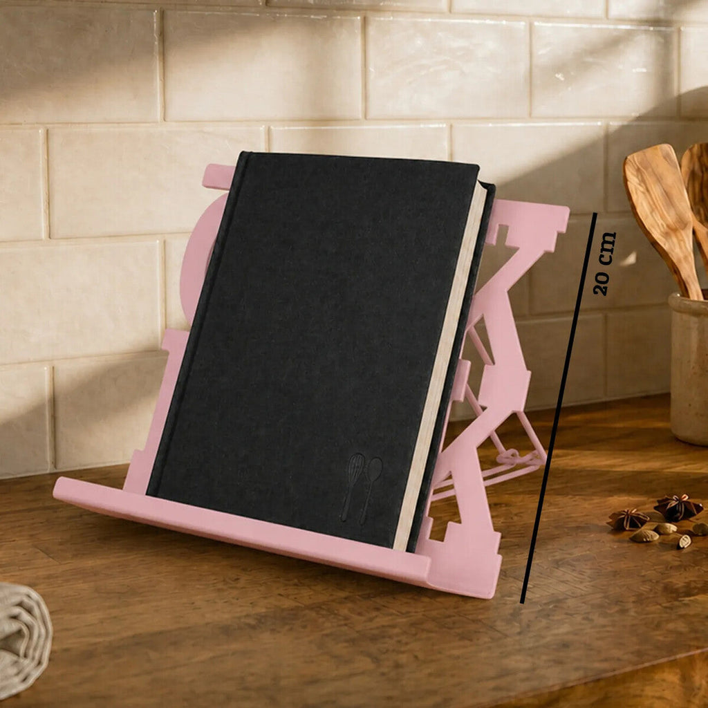 Pink Enamel Metal Cookbook Stand with Adjustable Support